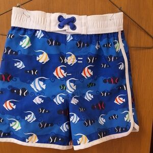 Blue Kids Swim Shorts with Fish Pattern